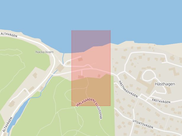 Karta som med röd fyrkant ramar in Hästhagen, Intrånget, Nacka, Stockholms län