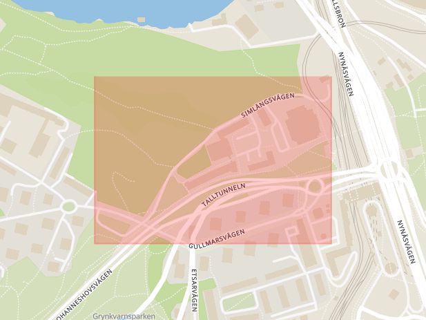 Karta som med röd fyrkant ramar in Årsta, Simlångsvägen, Stockholm, Stockholms län