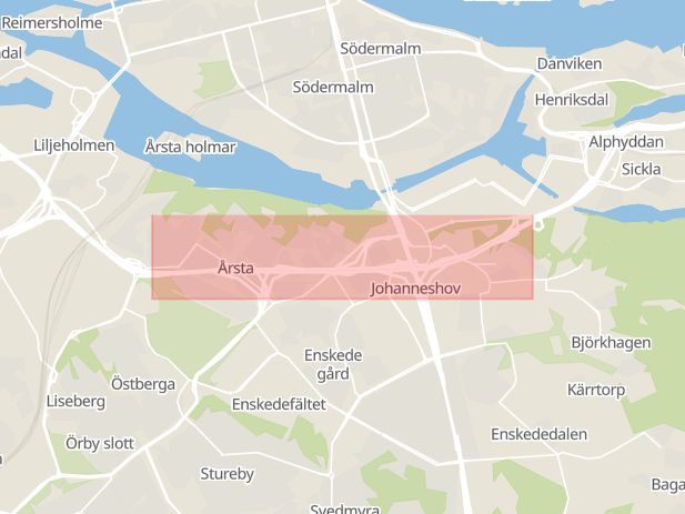 Karta som med röd fyrkant ramar in Årstatunneln, Nacka, Essingeleden, Stockholm, Stockholms län