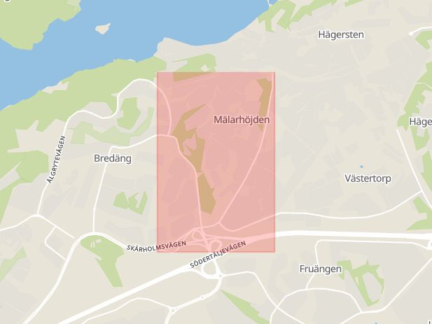 Karta som med röd fyrkant ramar in Mälarhöjden, Slättgårdsvägen, Stockholm, Stockholms län