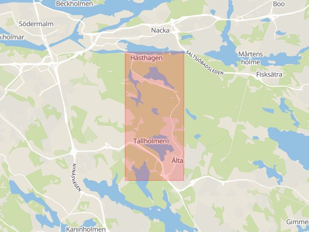 Karta som med röd fyrkant ramar in Ältavägen, Nacka, Stockholms län