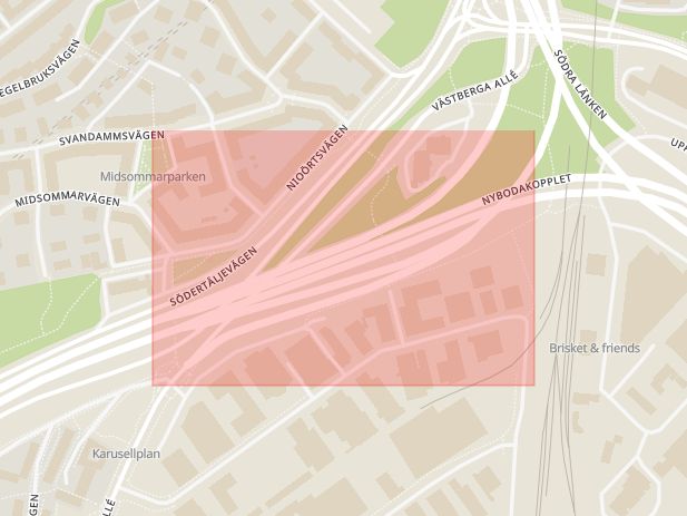 Karta som med röd fyrkant ramar in Södra Länken, Midsommarkransen, Stockholm, Stockholms län