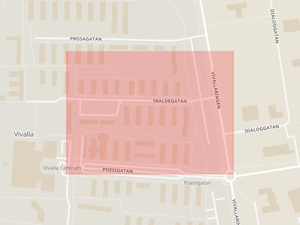 Karta som med röd fyrkant ramar in Skaldegatan, Vivalla, Örebro, Örebro län