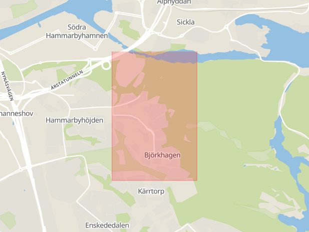 Karta som visar ungefär var händelsen Misshandel: Okända personer ska ha misshandlats i Björkhagen. inträffat