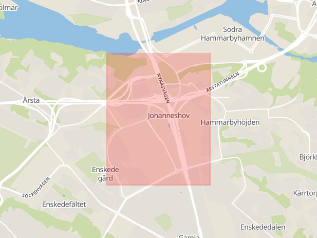 Karta som med röd fyrkant ramar in Johanneshov, Stockholms län