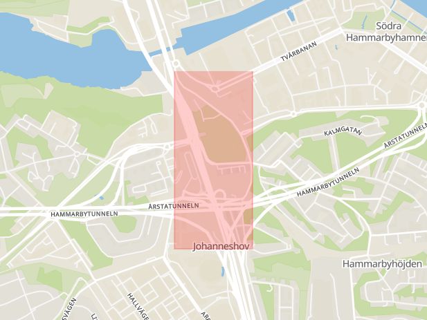 Karta som med röd fyrkant ramar in Johanneshov, Hammarbybacken, Stockholm, Stockholms län