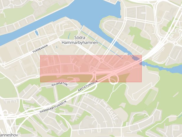 Karta som med röd fyrkant ramar in Södra Hammarbyhamnen, Hammarby Fabriksväg, Stockholm, Stockholms län