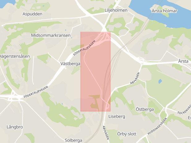 Karta som med röd fyrkant ramar in Västberga, Västertorp, Stockholm, Stockholms län