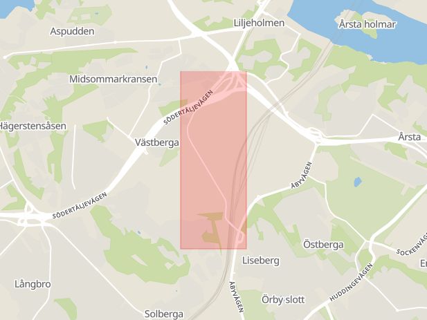 Karta som med röd fyrkant ramar in Västberga, Västertorp, Stockholm, Stockholms län