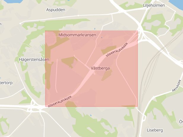 Karta som med röd fyrkant ramar in Södertäljevägen, Västberga, Trafikplats Västberga, Stockholm, Stockholms län