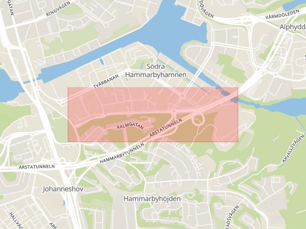 Karta som med röd fyrkant ramar in Hammarby Fabriksväg, Stockholm, Stockholms län