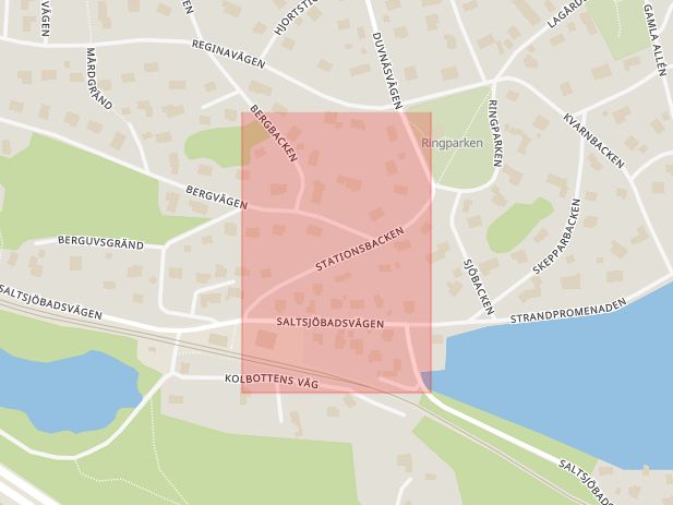 Karta som med röd fyrkant ramar in Stationsbacken, Duvnäs, Nacka, Stockholms län