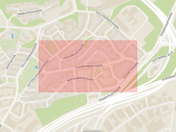 Karta som med röd fyrkant ramar in Svandammsvägen, Midsommarkransen, Stockholm, Stockholms län