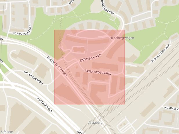 Karta som med röd fyrkant ramar in Liljeholmen, Årsta Skolgränd, Stockholm, Stockholms län