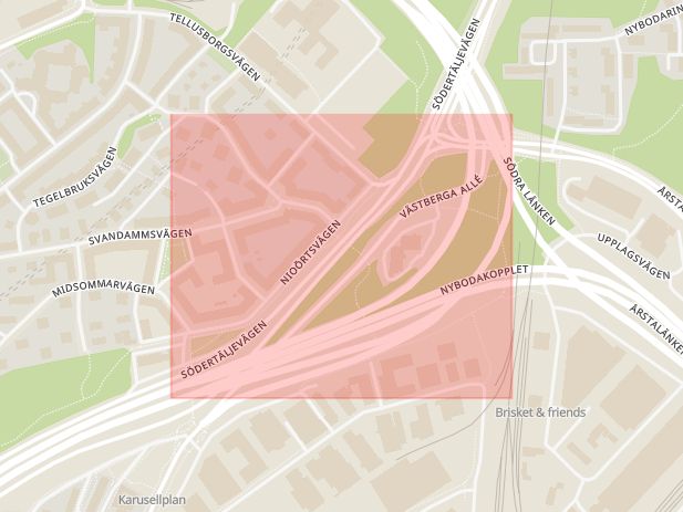 Karta som med röd fyrkant ramar in Essingeleden, Västberga, Stockholm, Stockholms län