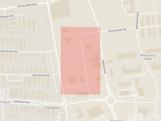 Karta som med röd fyrkant ramar in Dialoggatan, Boglundsängen, Örebro, Örebro län