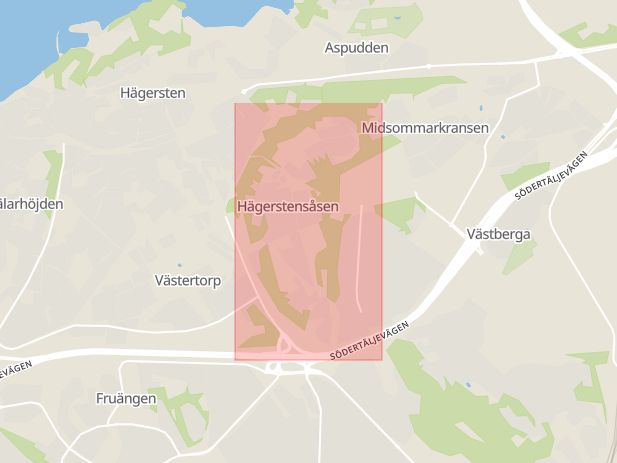 Karta som med röd fyrkant ramar in Hägerstensåsen, Stockholm, Stockholms län