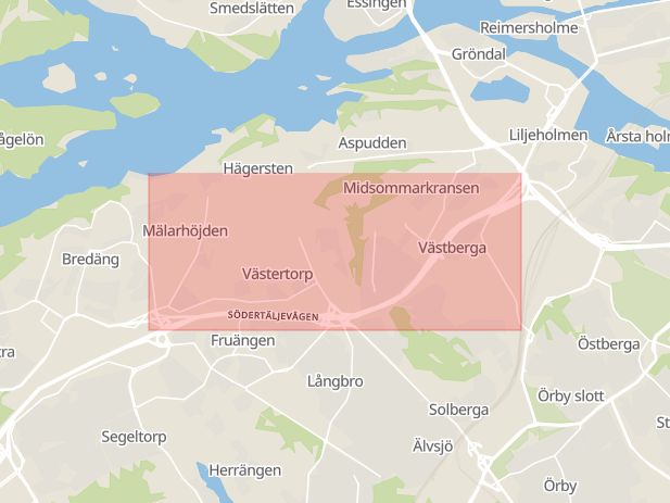 Karta som med röd fyrkant ramar in Södertäljevägen, Hägersten, Stockholm, Stockholms län