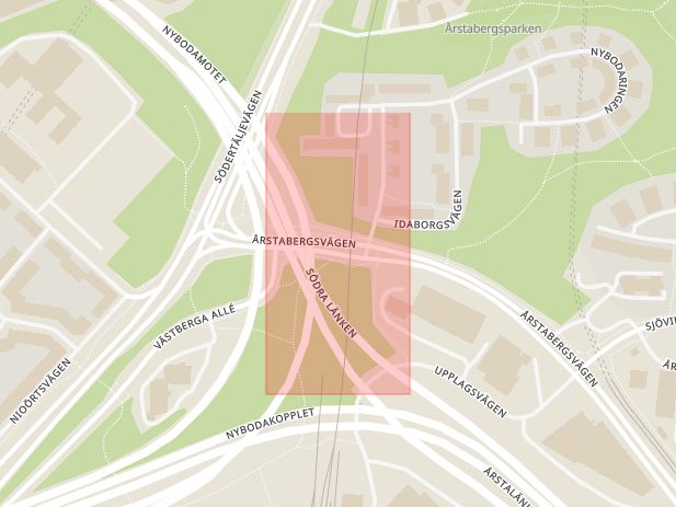 Karta som med röd fyrkant ramar in Nybodahöjden, Liljeholmen, Stockholm, Stockholms län