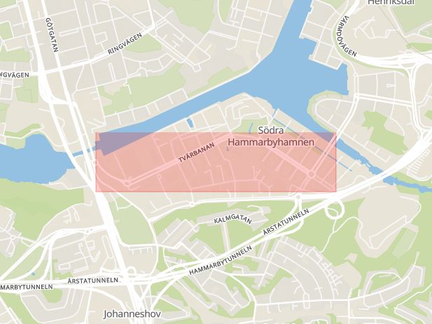 Karta som med röd fyrkant ramar in Södra Hammarbyhamnen, Hammarby Allé, Stockholm, Stockholms län