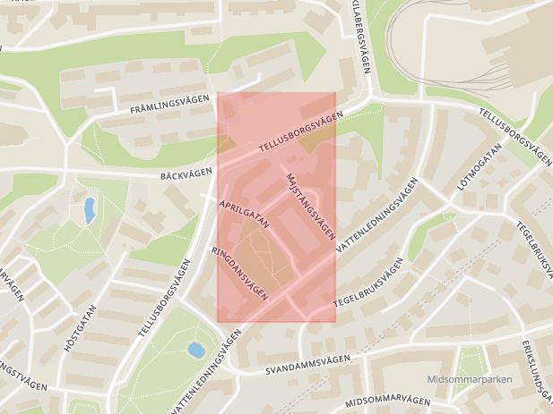 Karta som med röd fyrkant ramar in Midsommarkransen, Vårgatan, Stockholm, Stockholms län