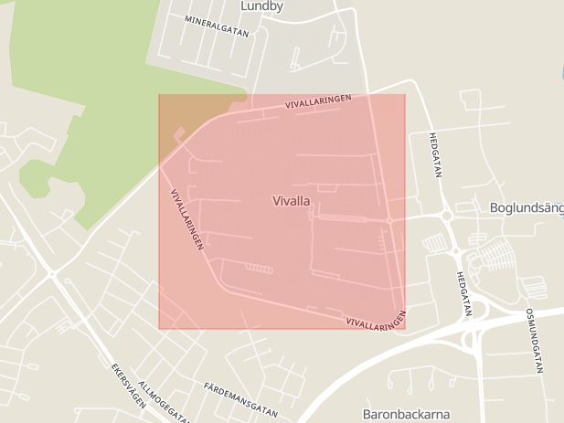Karta som med röd fyrkant ramar in Vivalla, Hedgatan, Vivallaringen, Örebro, Örebro län