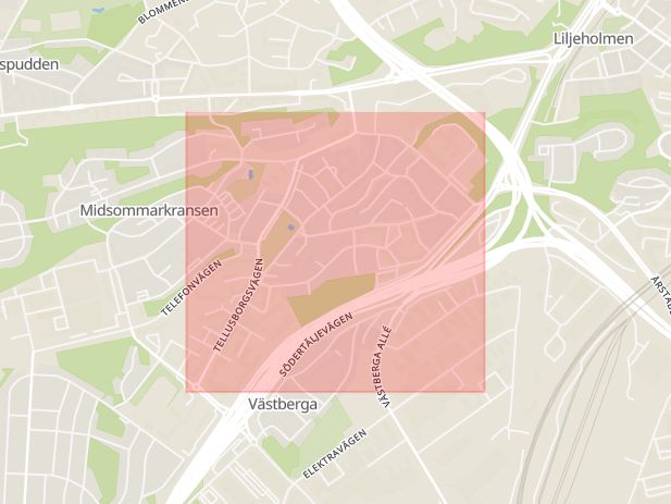 Karta som med röd fyrkant ramar in Liljeholmen, Tellusborgsvägen, Stockholm, Stockholms län