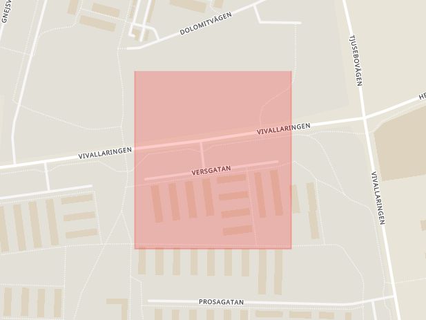 Karta som med röd fyrkant ramar in Versgatan, Vivalla, Örebro, Örebro län
