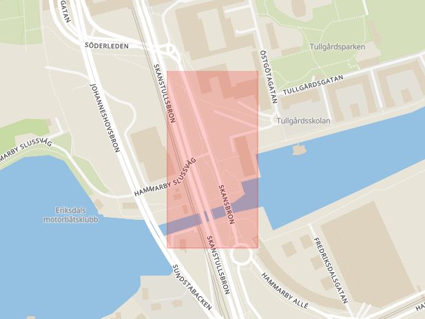 Karta som med röd fyrkant ramar in Södermalm, Skansbrogatan, Hammarby Slussväg, Stockholm, Stockholms län