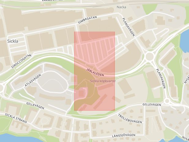 Karta som med röd fyrkant ramar in Sickla Köpkvarter, Nacka, Stockholms län
