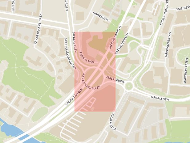 Karta som med röd fyrkant ramar in Nackatunneln, Södra Länken, Nacka, Stockholms län