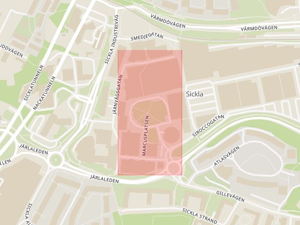 Karta som med röd fyrkant ramar in Marcusplatsen, Sickla, Nacka, Stockholms län