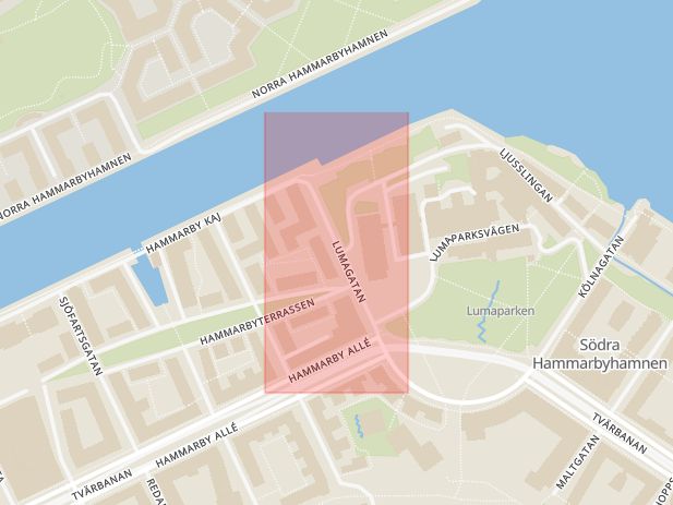 Karta som med röd fyrkant ramar in Södra Hammarbyhamnen, Lumagatan, Stockholm, Stockholms län