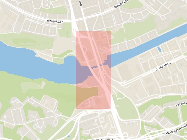Karta som med röd fyrkant ramar in Johanneshovsbron, Stockholm, Stockholms län