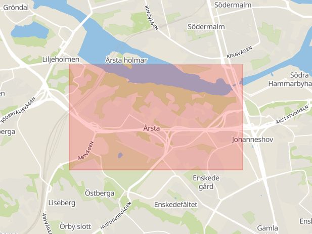 Karta som med röd fyrkant ramar in Globen, Enskede, Årsta, Stockholm, Stockholms län