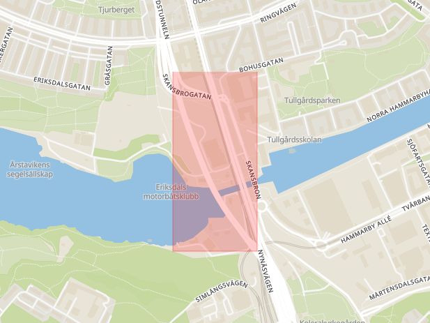 Karta som med röd fyrkant ramar in Johanneshovsbron, Gamla Stan, Stockholm, Stockholms län