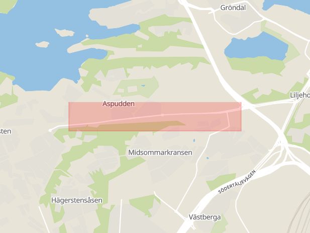 Karta som med röd fyrkant ramar in Hägerstensvägen, Aspudden, Stockholm, Stockholms län