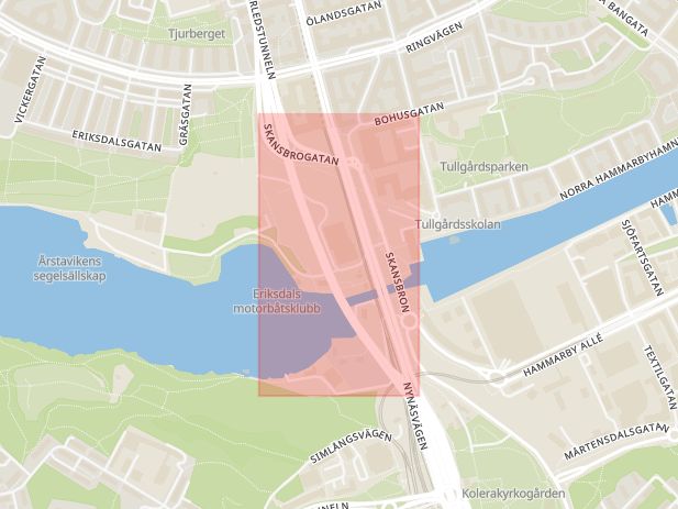 Karta som med röd fyrkant ramar in Johanneshovsbron, Stockholm, Stockholms län