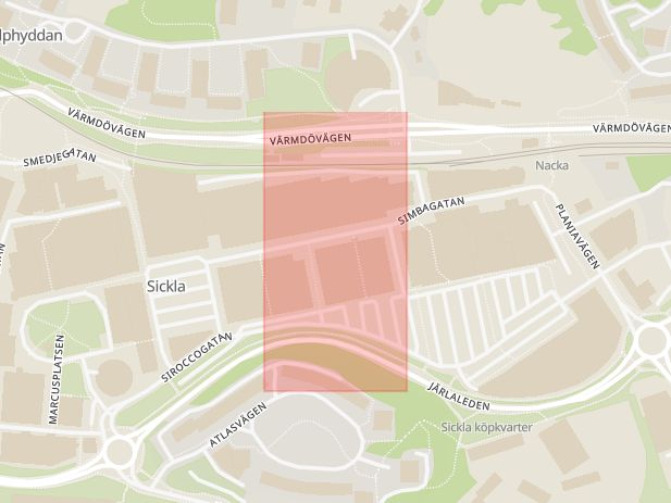 Karta som med röd fyrkant ramar in Sickla, Sickla Köpkvarter, Nacka, Stockholms län