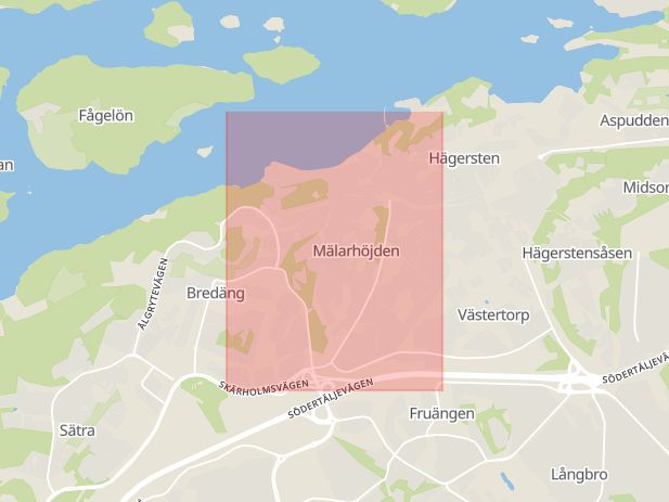 Karta som med röd fyrkant ramar in Mälarhöjden, Stockholm, Stockholms län