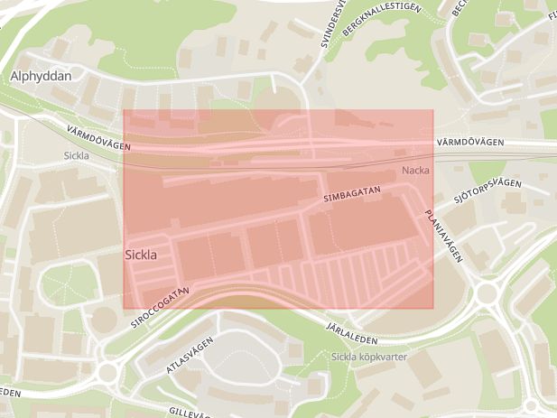 Karta som med röd fyrkant ramar in Simbagatan, Nacka, Stockholms län