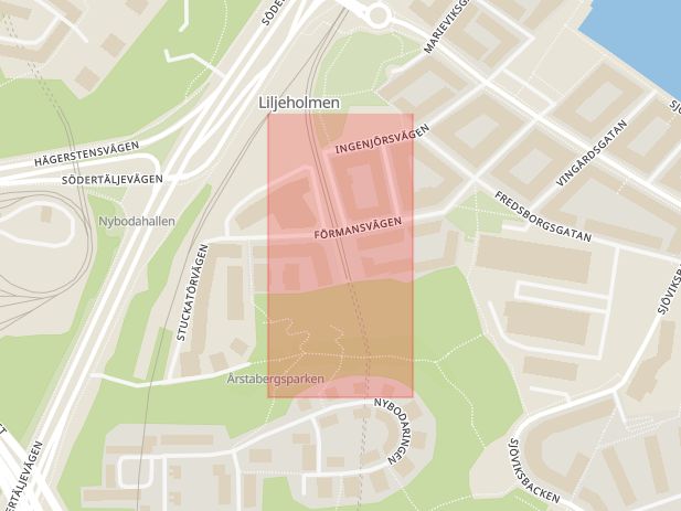 Karta som med röd fyrkant ramar in Hägerstensåsen, Årstadal, Tvärbanan, Stockholm, Stockholms län