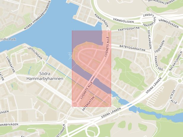 Karta som med röd fyrkant ramar in Hammarby Sjöstad, Lugnets Allé, Stockholm, Stockholms län