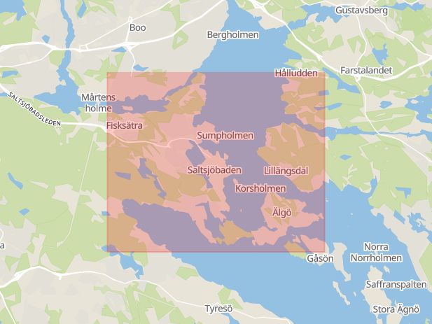 Karta som med röd fyrkant ramar in Saltsjöbaden, Nacka, Stockholms län
