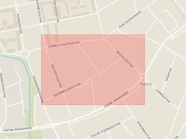 Karta som med röd fyrkant ramar in Södermalmsgatan, Brunna, Kristinehamn, Värmlands län