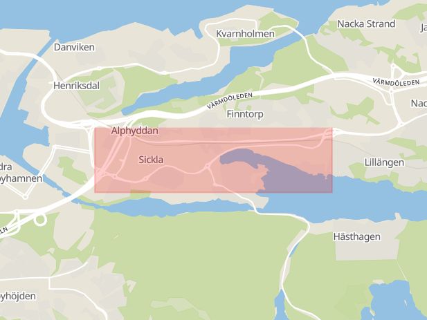 Karta som med röd fyrkant ramar in Järlaleden, Nacka, Stockholms län