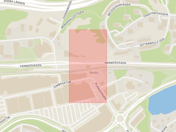 Karta som med röd fyrkant ramar in Nacka Station, Nacka, Stockholms län