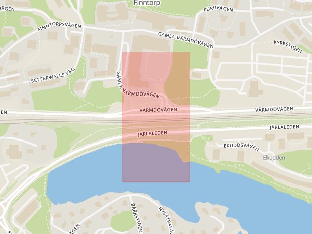 Karta som med röd fyrkant ramar in Finntorp, Nacka, Stockholms län