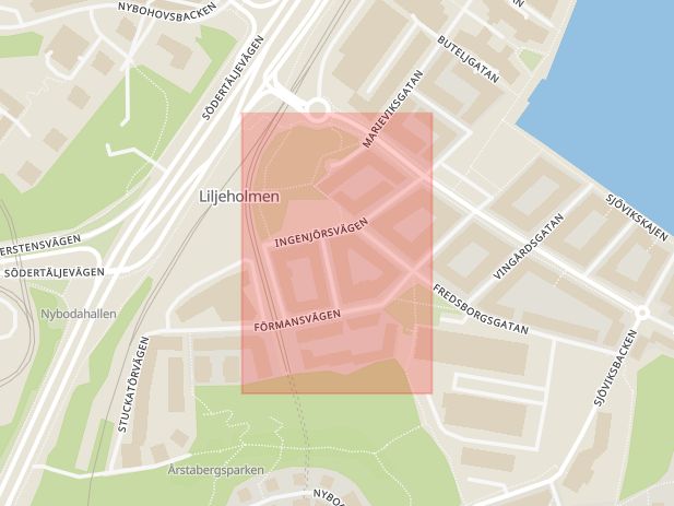 Karta som med röd fyrkant ramar in Ingenjörsvägen, Liljeholmen, Stockholm, Stockholms län