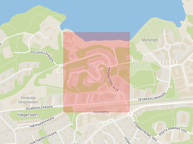 Karta som med röd fyrkant ramar in Hägersten, Hägerstens Allé, Stockholm, Stockholms län